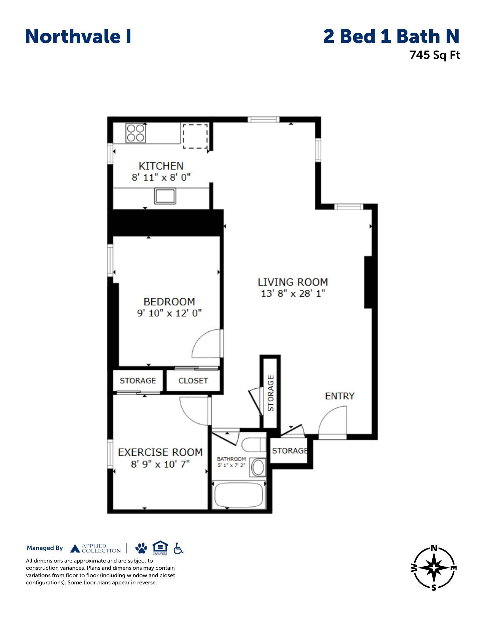 Floor plan for 2 beds, 1 bath, 745 sqft